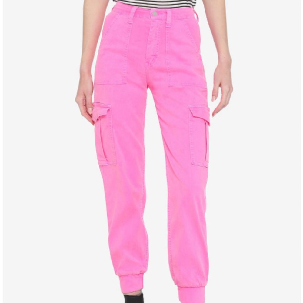 NWT High Waisted Hot Pink Cargo Jogger Pants Hot Topic Size 27